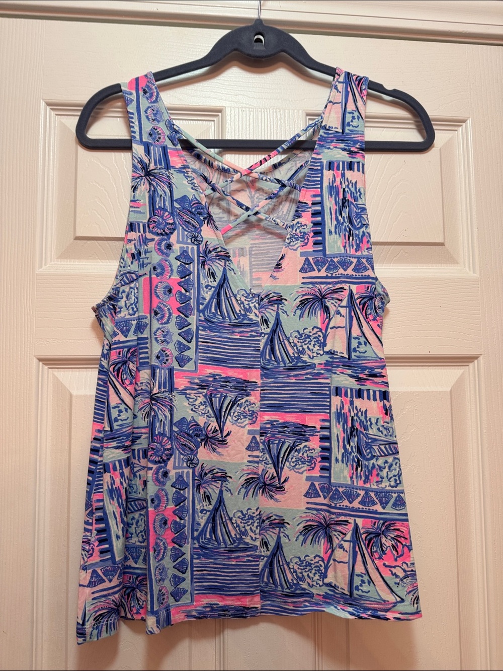 Sleeveless Tropical Print Kristin Tank Top - Pink & Blue - Picture 4 of 6